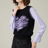Heart Printing Jacquard Beaded False Two-Piece Patchwork Sweater
