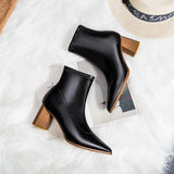 Fashionable  elegant patent leather pointed toe chunky heel stretch boots