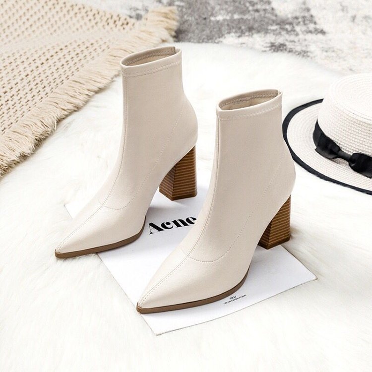 Fashionable  elegant patent leather pointed toe chunky heel stretch boots