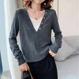 Fake Two-piece Buckle Color Block Sweater