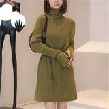 Solid Color Waist Tight Knitted High Collar Sweater Dress