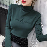 Letter Embroidered Mock Neck Bottoming Shirt