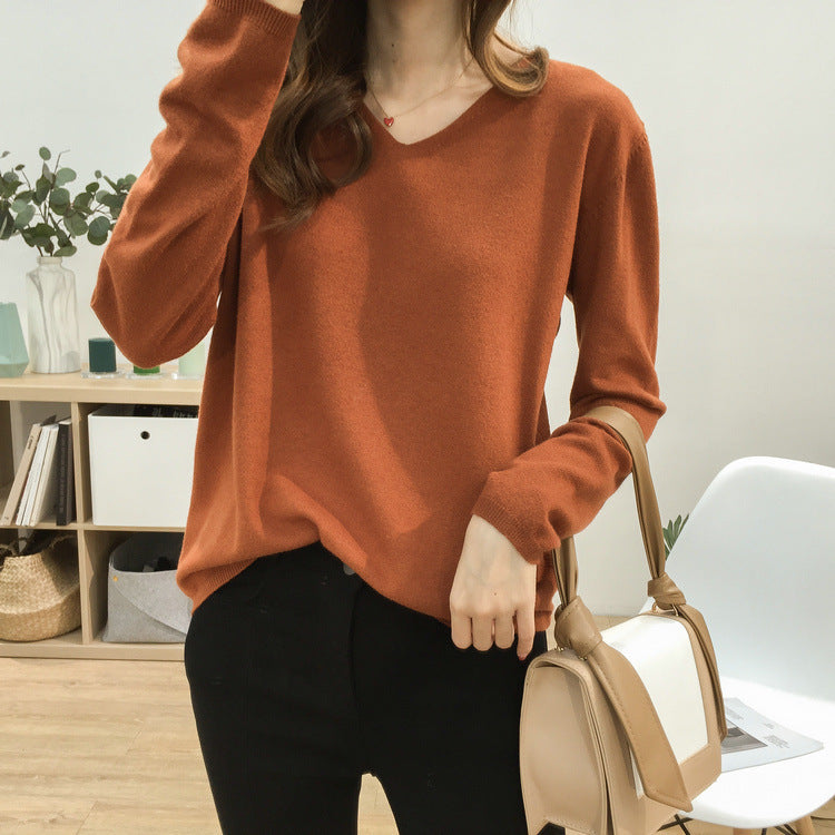 Multicolor basic loose and thin V-neck sweater