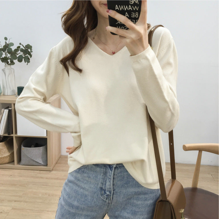 Multicolor basic loose and thin V-neck sweater