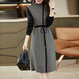 Lace-Paneled Houndstooth Knitted Dress