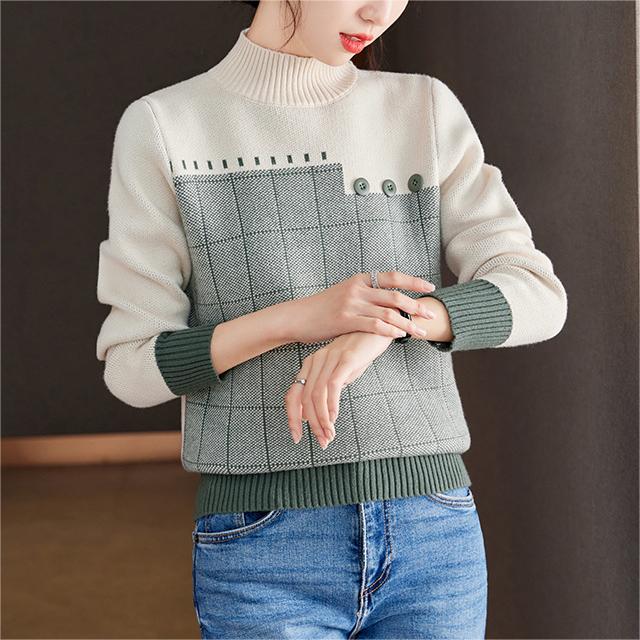 Patchwork Contrast Color Half Turtleneck Plaid Sweater