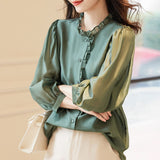 Puff Sleeve Thin Solid Color Lace Shirt