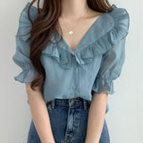 V-Neck Ruffled Puff Sleeve Loose Pullover