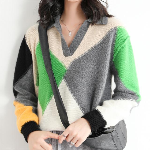 Contrast Color Polo Collar Knitted Sweater