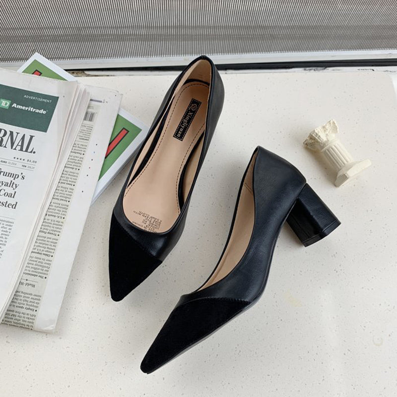 Stitching Pointed Toe Chunky Heels