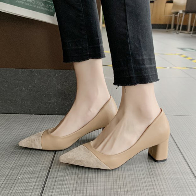 Stitching Pointed Toe Chunky Heels