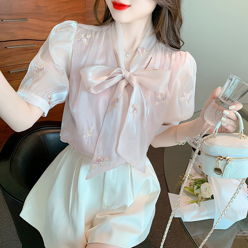 Embroidered Tie Neck Bowknot Elegant Shirt