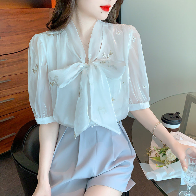 Embroidered Tie Neck Bowknot Elegant Shirt