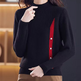 Sunken Stripe Texture Button Half Turtleneck Knitted Sweater