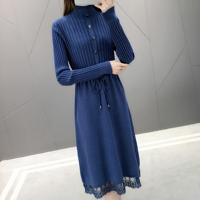 Pure color lace trim thick lace knitted dress