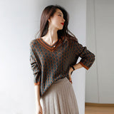 Retro elegant fashion all-match wave pattern v-neck color-block sweater