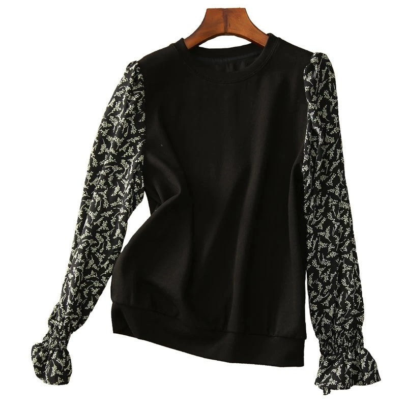 Black Crew Neck Sweet Floral Shirts & Tops