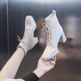 Fashion lace-up square toe knitted Martin boots