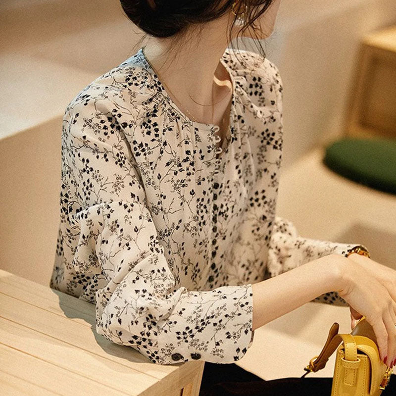 Buckle Ruched Floral Silk Shirt