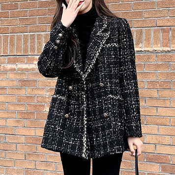 Elegant temperament tweed stitching woolen coat
