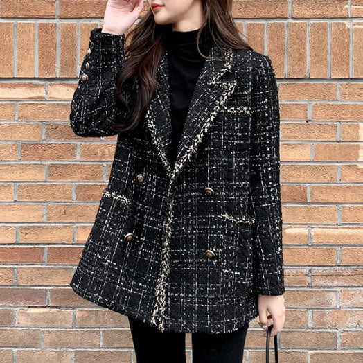 Elegant temperament tweed stitching woolen coat