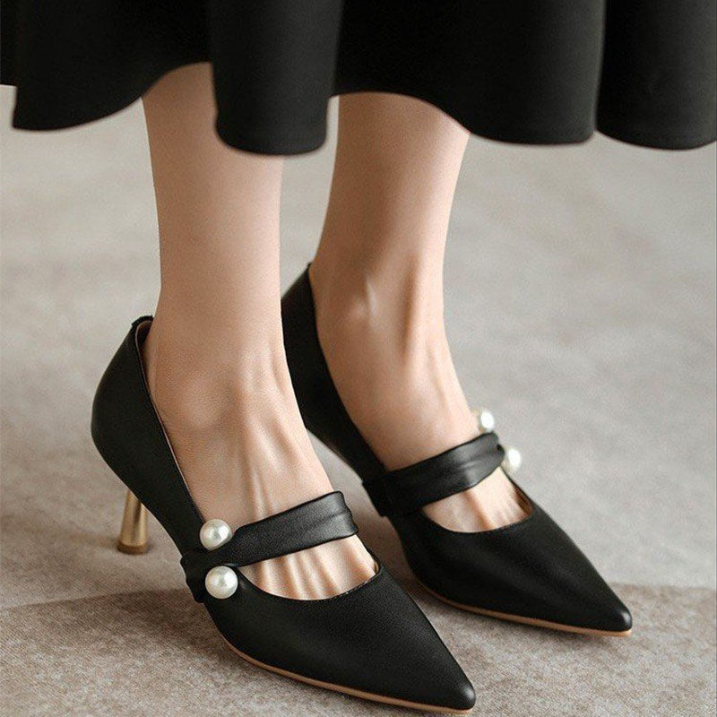 Beaded Pointed Toe Thin Heel Shoes