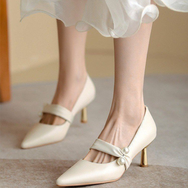 Beaded Pointed Toe Thin Heel Shoes