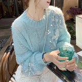 Sequined Hollowed Round Neck Knit Sweater