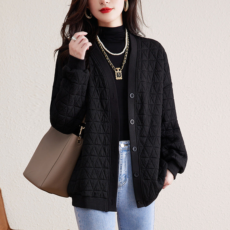 V Neck Buttoned Diamond Quilted Coat