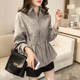 Drawstring Buckle Solid Color Shirt