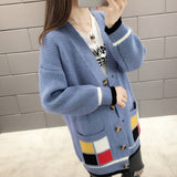 V-Neck Color Block Pockets Knitted Cardigan