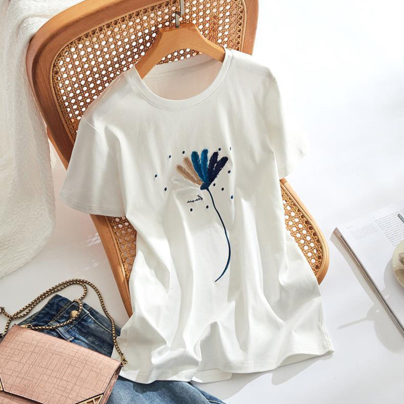 Embroidered Crew Neck Short Sleeve T-shirt