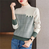 Patchwork Contrast Color Half Turtleneck Plaid Sweater