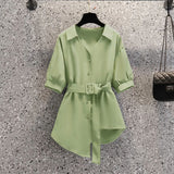 Collared Asymmetric Solid Color Buckle Shirt