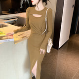 French Style Solid Color Twist Long Sleeve Dress
