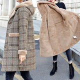 Plaid Fleece Mid-Length Hooded Coat