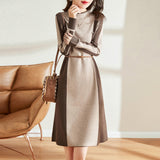Color Block Belted A-Line Knitted Dress
