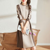 Color Block Belted A-Line Knitted Dress