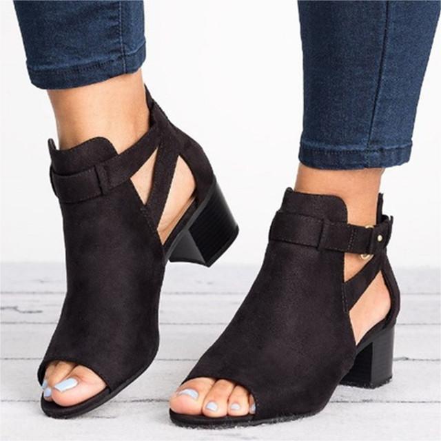 Hollow-out Chunky Heel Buckle Sandals