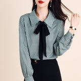 Bow Tie Neck Striped Office Shirt