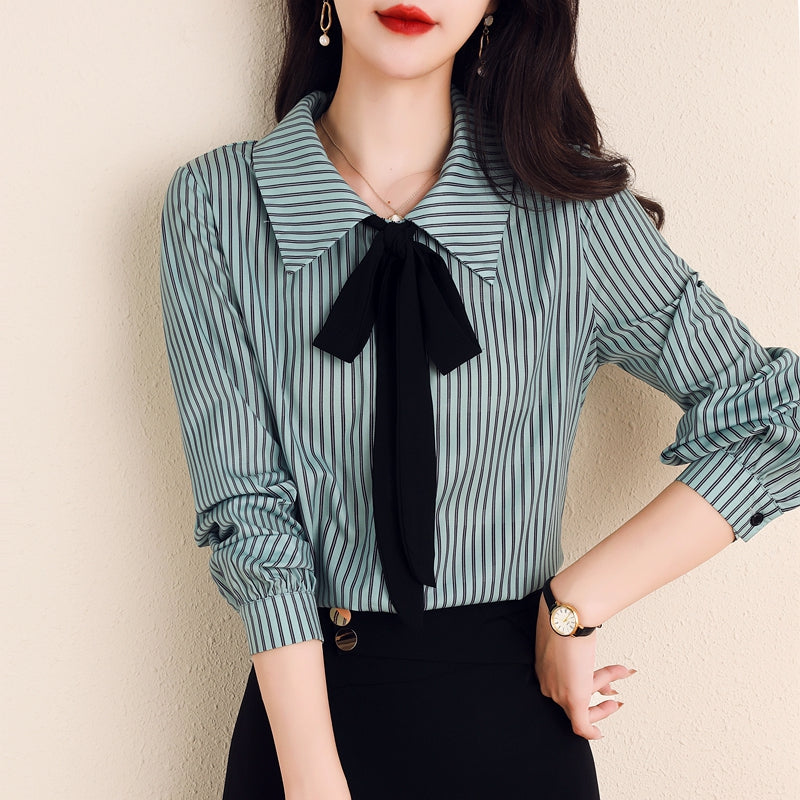 Bow Tie Neck Striped Office Shirt