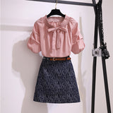 Ruffled Bowknot Shirt A-Line Skirt Sets