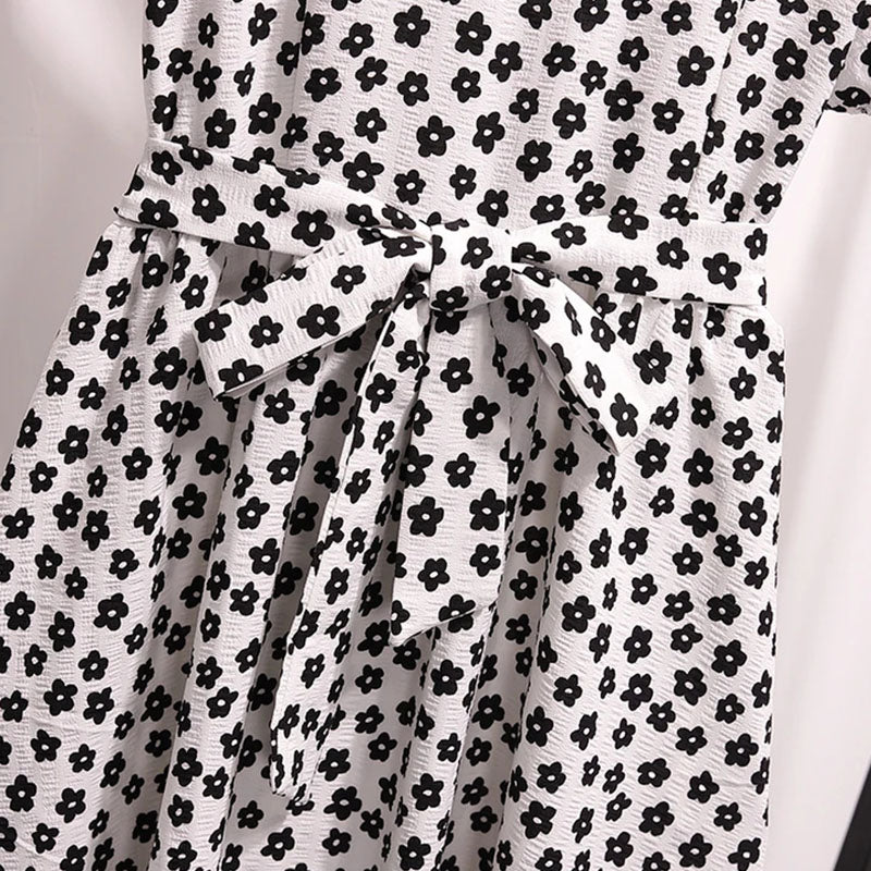 Printed Bowknot V-Neck Buckle Casual Dress
