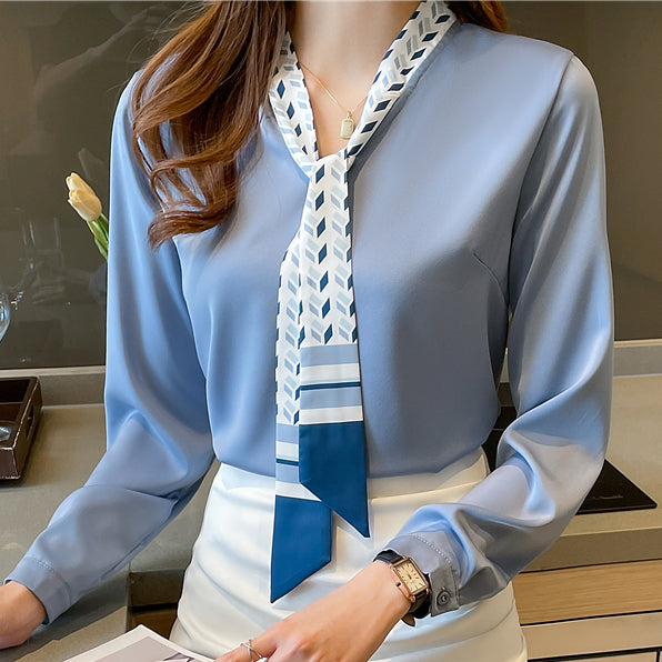 Fashion Lace Printed Ribbon V-neck Chiffon Long Sleeve Shirt