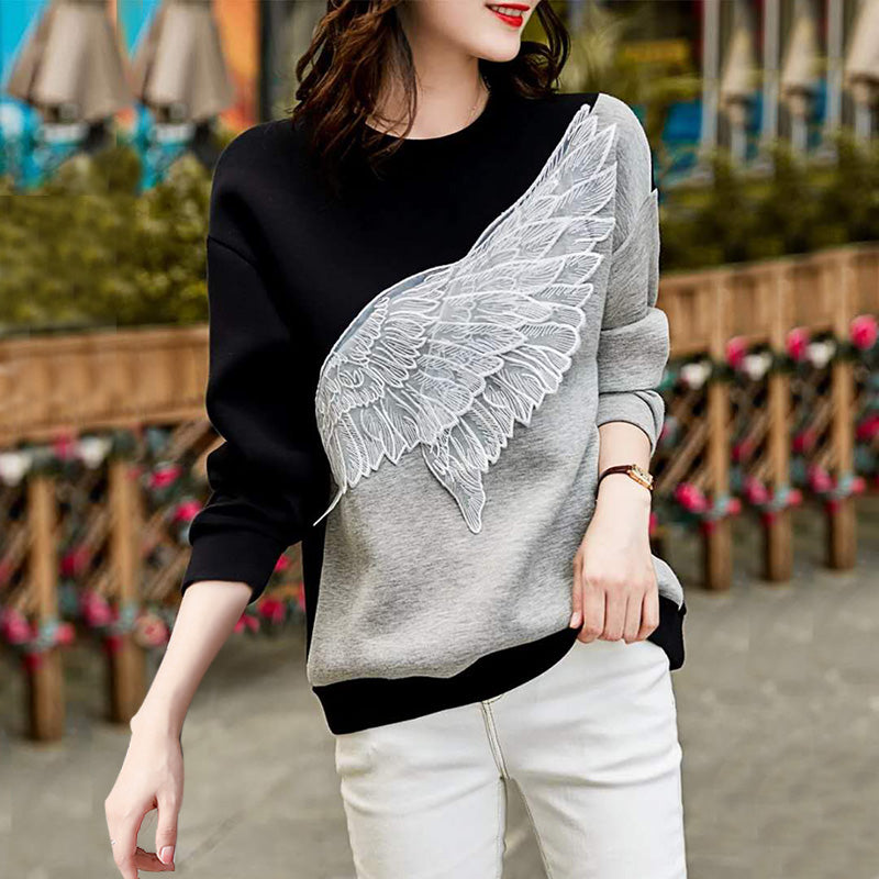 Lazy wings embroidered round neck pullover sweater