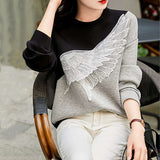 Lazy wings embroidered round neck pullover sweater