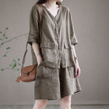 Retro Cotton and Linen Casual Top + Shorts Two-Piece Set