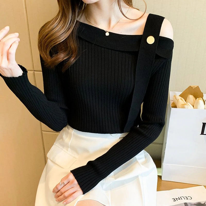 Cold Shoulder Solid Color Knitted Sweater