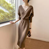 Elegant V-Neck Midi Knitted Dress
