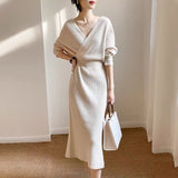 Elegant V-Neck Midi Knitted Dress